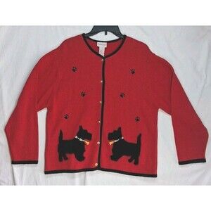 Vintage Crystal Kobe Womens L Red Cardigan Sweater Scottie Dog Granny Dog Lover